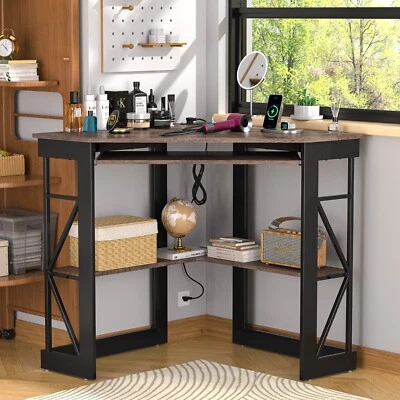 Corner Home Office Desk Table w/Charging Port Keyboard Tray And Storage Shelves - Image 1 of 4