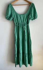 TOKITO Ladies Green Dress Sz 8 Off Shoulder Puff Sleeve Tiered Midi Linen Blend - Picture 1 of 15