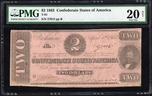 1863 $2 Two Dollar Confederate States of America Note T-61 PMG VF 20 Net - Picture 1 of 3