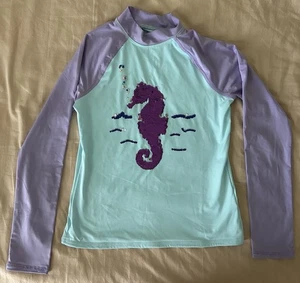 Lands End Seahorse Flip Sequin Long Sleeve Rash Guard Girls Large (10-12) UPF 50 - Picture 1 of 3