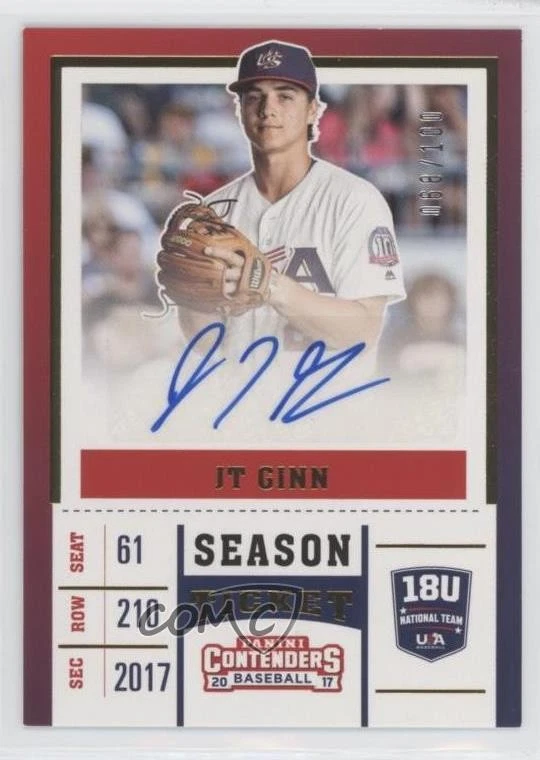 2017 Panini Elite Extra Edition USA Baseball 18U Tickets Gold /100 JT Ginn Auto - Image 1 of 2