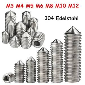 M3 M4 M5 M6 M8 M10 M12 304 Edelstahl Gewindestifte Innensechskant und Kegelkuppe - Picture 1 of 12