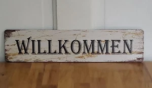 "Willkommen"- Retro Metal Welcome Sign 4 X 16 Inches Rustic Wood Appearance - Picture 1 of 2