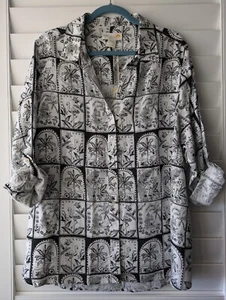 C&C California Linen Shirt women's size 2X White/Black Sketch Print - Picture 1 of 10