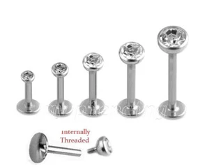 2pcs 16G 1/4"-3/8" Surgical Steel Internally Threaded CZ Labret Cartilage Tragus - Picture 1 of 4