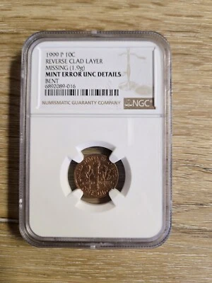 1999 P Roosevelt Dime Bent Missing Reverse Clad Layer Unc Details Mint Error NGC - Image 1 of 4