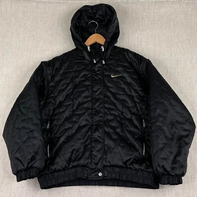 Vintage Nike Puffer Jacket Women M Black Dot Hooded Y2K Read Hoodie Swoosh VTG - Image 1 of 4