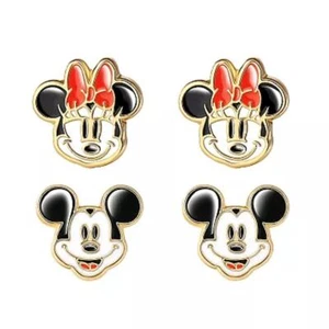 Disney Mickey Minnie Mouse Stud Earrings Duo Set 18k Gold Flash Plated - Picture 1 of 3