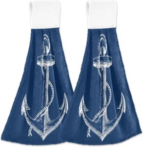 Nautical Anchor Hanging Hand Towels Set of 2 Navy Anchors Hand Towel Ocean Sea S - Picture 1 of 12