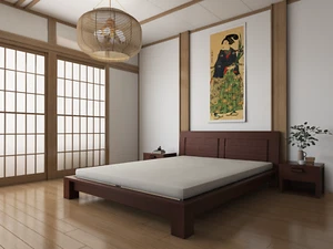 wooden platform bed with teak headboard, handmade Raku bed - Picture 1 of 17