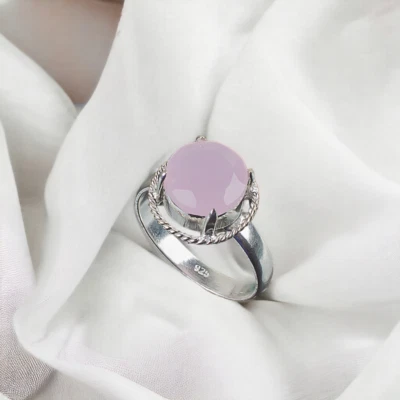 Anel feminino de pedra preciosa natural calcedônia rosa prata esterlina 925 fofo presente - Imagem 1 de 4
