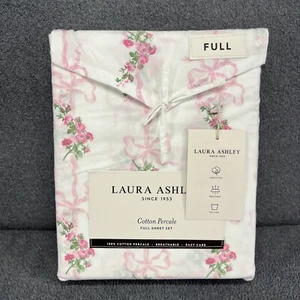 Laura Ashley FULL Sheet Set Cottage FLORAL RIBBON STRIPE BOW 4pc - Picture 1 of 11