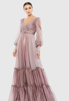  Vestido Mac Duggal Púrpura Moca Imitación Envoltura Ilusión Manga Obispo En Niveles Talla 18 Foto 1 de 4