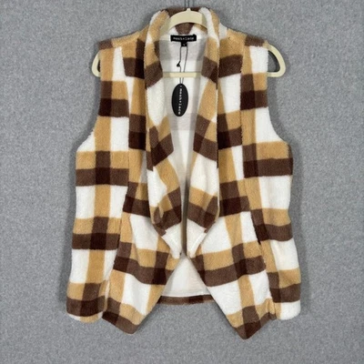 Жилет шерпа большой желтовато-коричневый кремовый клетчатый драпированный карман мягкий пушистый нейтральный богемное юго-запад - Изображение 1 из 4