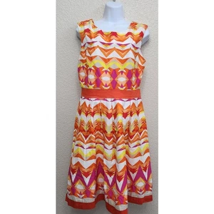 Abito Sandra Darren arancione bianco giallo vestibilità N svasato midi 10 leggero plissettato - Foto 1 di 6