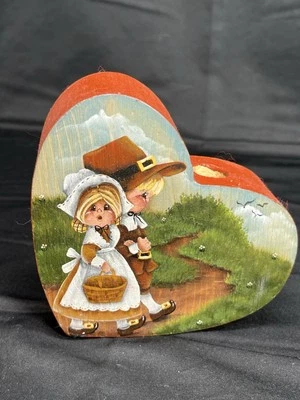 Vintage Wooden hand Painted Thanksgiving Boy And Girl Signed - Image 1 of 4