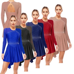 Womens Figure Skating Long Sleeve Mesh Glitter Rhinestone Gymnastics Dress - Picture 1 of 49
