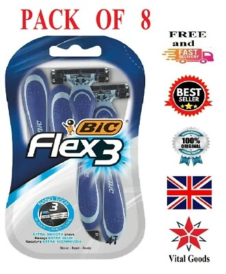 8 X BIC Flex 3 Triple Blade Razor Blades for Men Moving Blade Heads for Shave