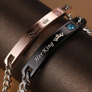 His Queen Her King Stainless Steel His and Hers Couple Bracelet Lovers Gift - Picture 1 of 9