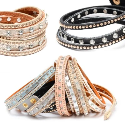 Wickelarmband Armband Damen Strasssteine Nieten Kunstleder 3-stränge Lagenlook - Bild 1 von 4
