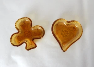 Vintage Indiana Glass Tiara Amber Trinket Candy Dish Heart Club Clover Set of 2 - Picture 1 of 4