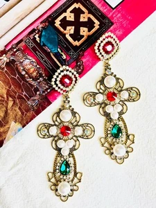 Extra Large Cross Pearls Cube Crystals Carved Drop Earrings Red Green Women Her - Picture 1 of 7