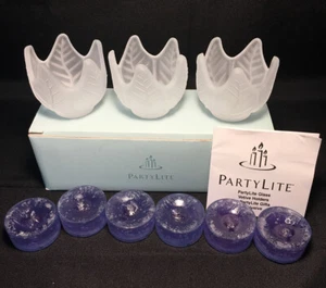 PartyLite Frosted 3 Lotus Blossom Votive Holders NIB w/6 Blue PL Votive Candles - Picture 1 of 11