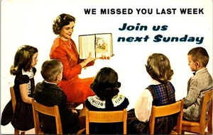 We missed you last week join us next Sunday invitation CHROME POSTCARD D1 - Picture 1 of 2