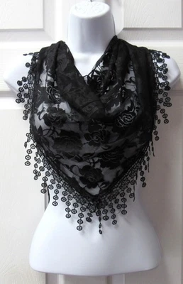Black Triangle Floral Lace Fringed Shawl Wrap Scarf Wedding Bridal Evening NEW - Image 1 of 3