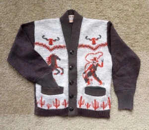40s 50s Campus Childs Western Cowboy Knit Sweater Cardigan Jumper MINT - Picture 1 of 4