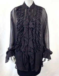 NEW DRIES VAN NOTEN Black Red Silk Stars Ruffle Shirt Blouse 42 6 4 $ 1330 RARE - Picture 1 of 8