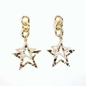 E0529 Gold Color Metal Link Rhinestones Deco Double Star Drop Dangle Earrings - Picture 1 of 4