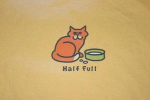 Large NWT DEFECT FADED Women's Life Is Good Half Full Cat Yellow SS Crusher Tee - Imagen 1 de 9