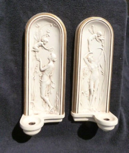 ART NOUVEAU STYLE CANDLE SCONCES HOLDERS PAIR NYMPH VINTAGE PLASTER WALL MOUNTED