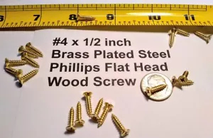 100 tornillos de madera chapados en latón tamaño #4 x 1/2" cabeza plana Phillips QTY 100 - Imagen 1 de 3