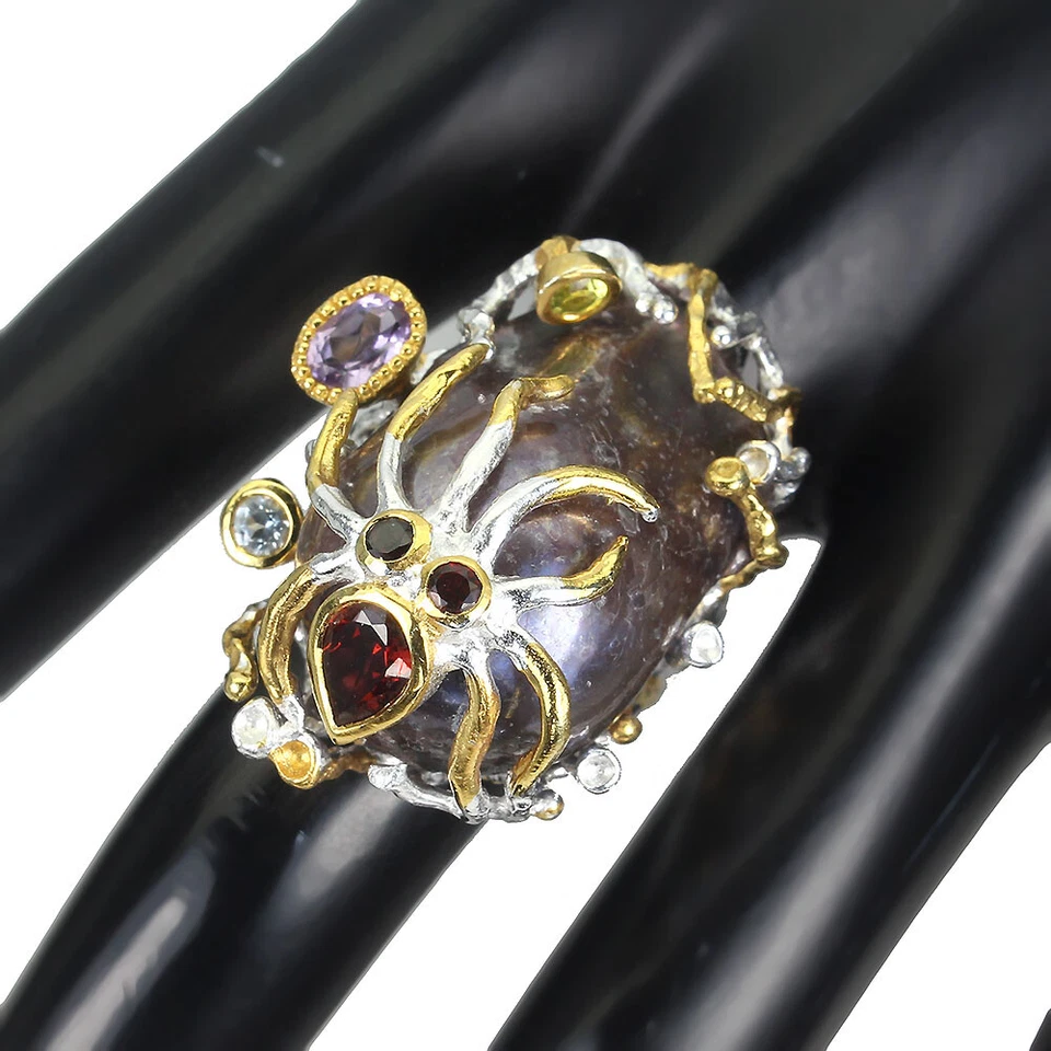 Anillo de plata de ley 925 con perlas 28x17 mm amatista peridoto piedras preciosas joyería talla 7,5 Foto 1 de 4
