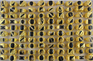 Men's Jewelry Wholesale Lots 32pcs Mixed Fashion Gold Plated Black Enamel Rings