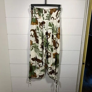 Pantalone Spiaggia Tropical Camaleonte Foglia Lucertola Tg S S Smocked Elasticizzato 24”W Cropped - Foto 1 di 7