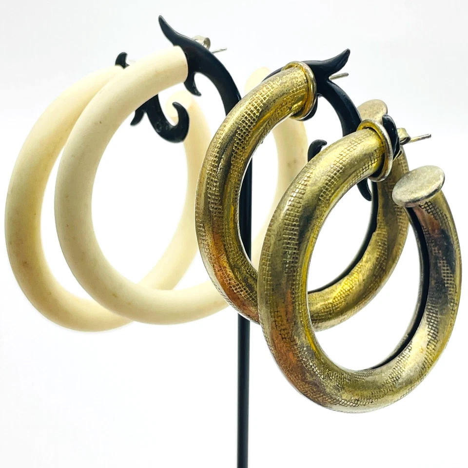 Chunky Hoop Earring Lot of 2 Ivory Look Acrylic and Textured Brass Tone Metal - Image 1 of 1
