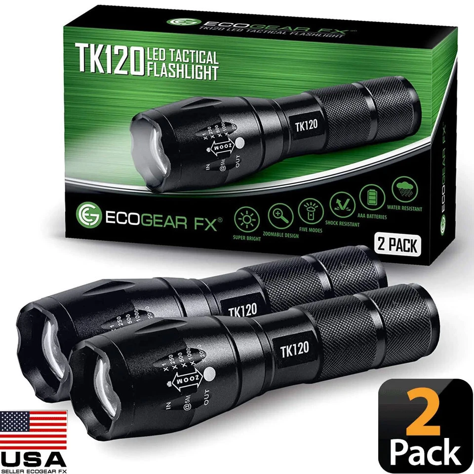 ECOGEAR FX Tactical Flashlight 5 Modes LED 18650 Zoom Light Best Gift for Men - 2 PACK