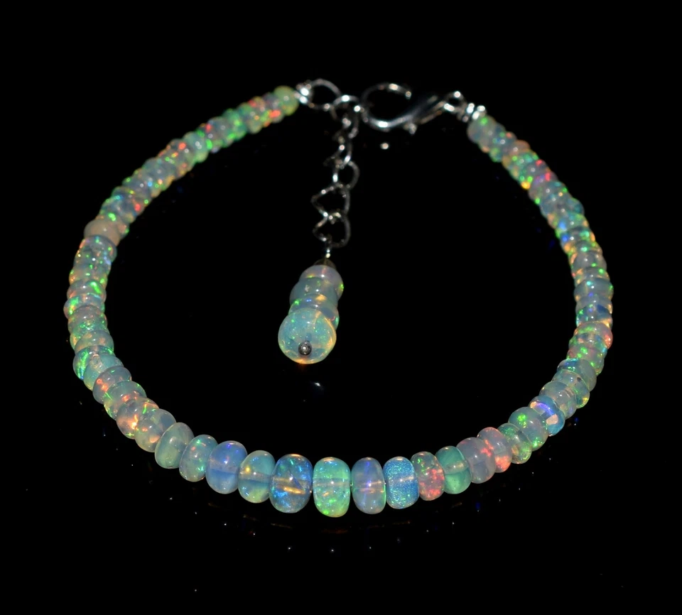 Natural Ethiopian Wello Fire Opal Gemstone Fire Beads 7.5"Bracelet F01784 - Image 1 of 4