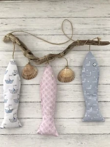 Hanging Fabric Fish x 3 with Shells Driftwood Nautical Maritime Seaside Coastal - Picture 1 of 6