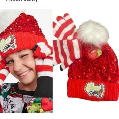 Justice X Grinch Niñas Gorro de Lentejuelas y Guantes de Invierno Conjunto de 2 Piezas Foto 1 de 4