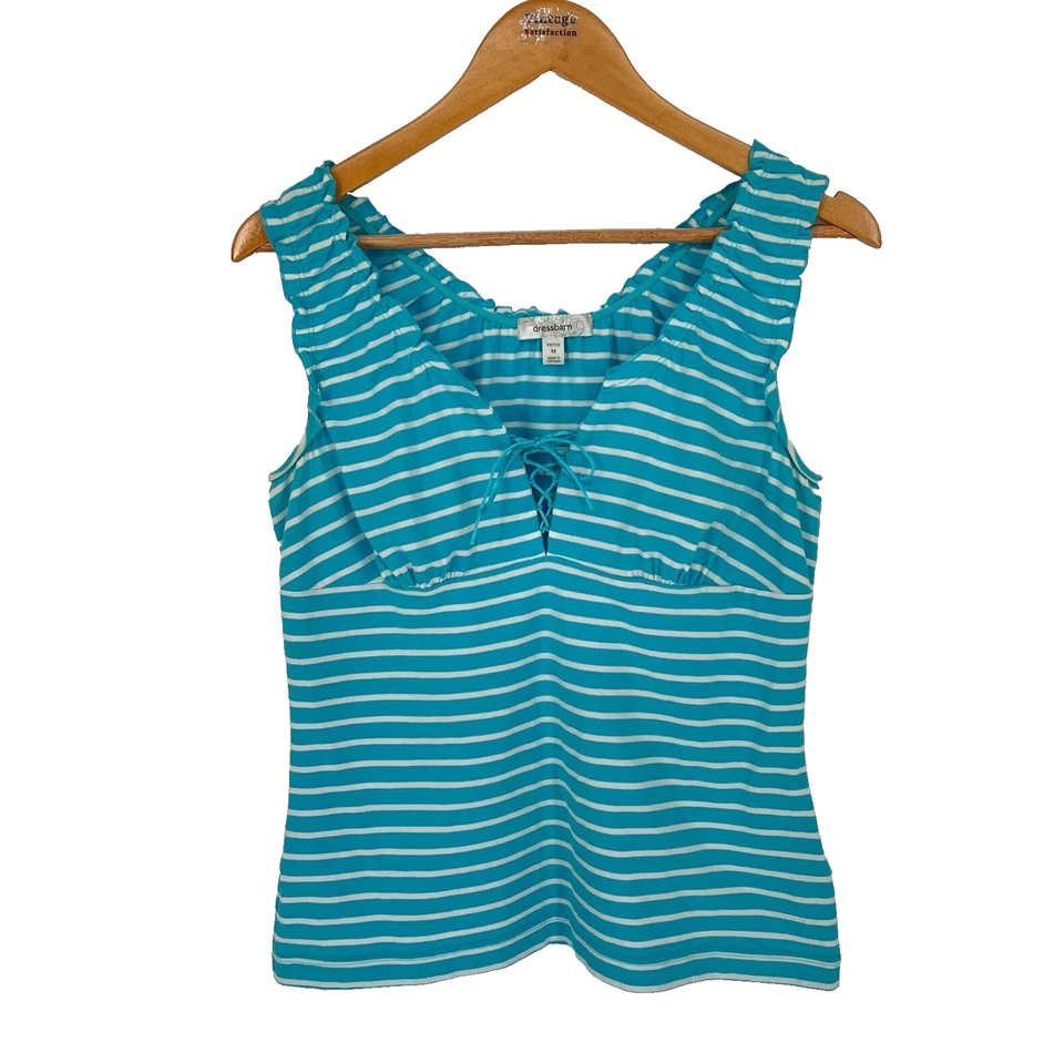 Vtg Y2K Babydoll Dressbarn Top Womens M Petite Stripe Lace Up Tank Summer Beach - Image 1 of 4