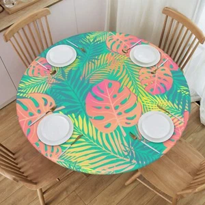 Round Table Cloth Tropical Colorful Palm Leaf Tablecloth Elastic Edge Fitted ... - Picture 1 of 7