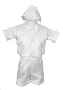 boys baptism set baby sizes white embroidered cross and dove collar fancy 4pc - Picture 1 of 2