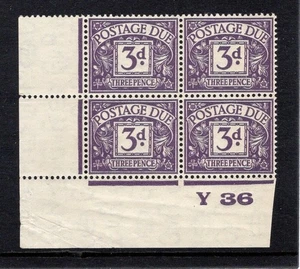 1924 3d VIOLET POSTAGE DUE BLOCK CYPHER WMK (Y36) CONTROL BLOCK OF 4. SG D14 - Picture 1 of 1