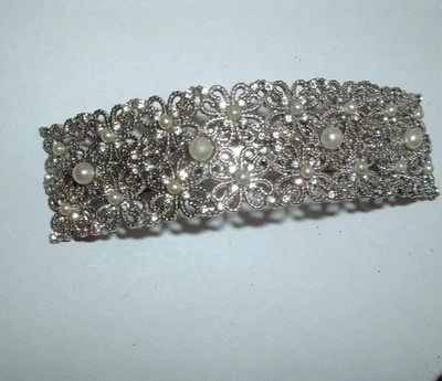 White Pearl White Rhinestone Beaded Silver Floral Hair Barrette - Image 1 of 3