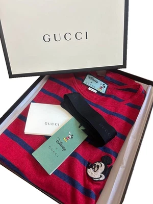 GUCCI × Disney Mickey Mouse Dama’s Talla M Camiseta Roja Mezcla Algodón Rayas Usada Foto 1 de 4