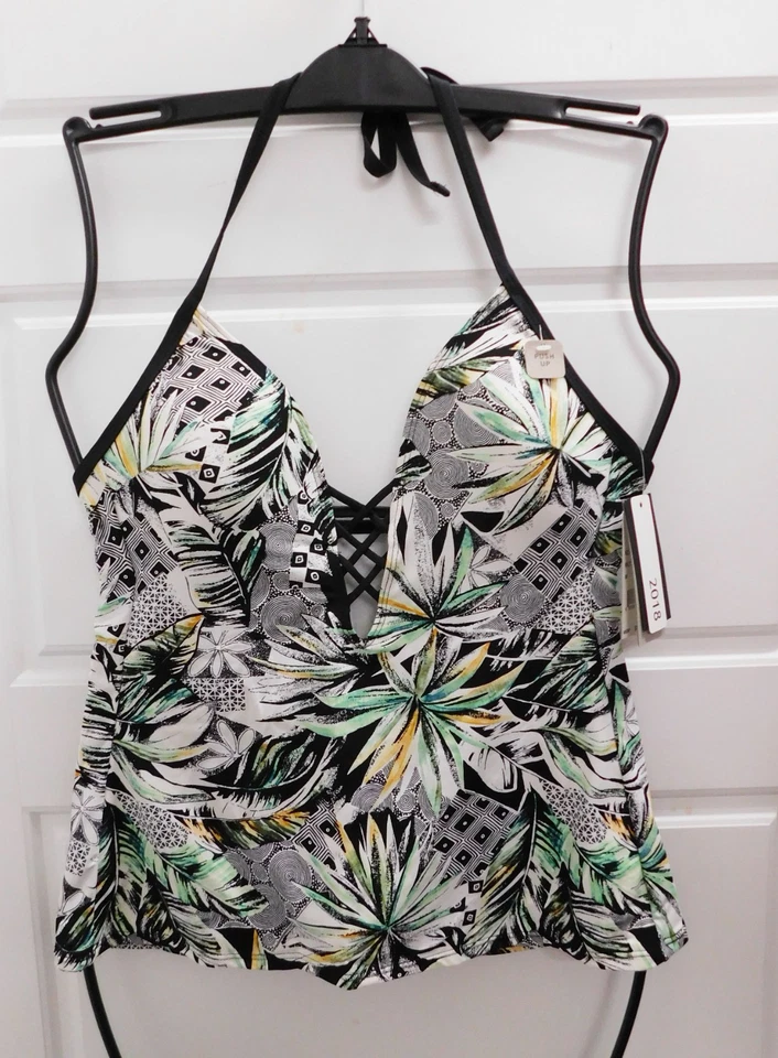 Novo traje de banho Kenneth Cole preto branco verde barriga toner $83rt tamanho M - Imagem 1 de 4